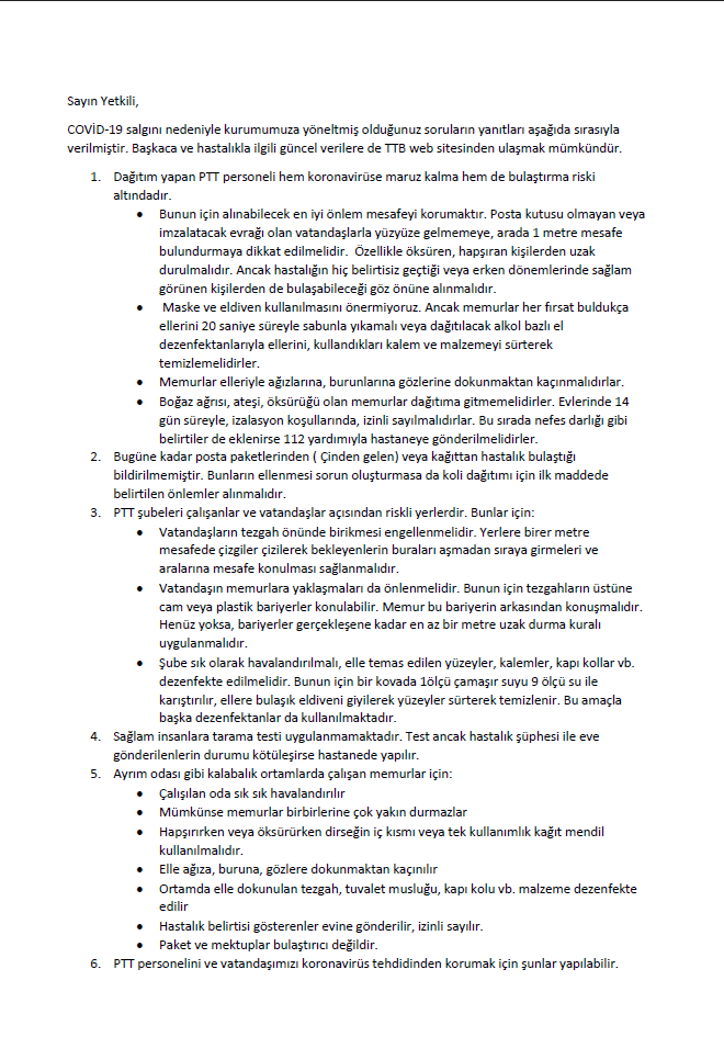 PTT Personeli ve Koronavirüs Salgını